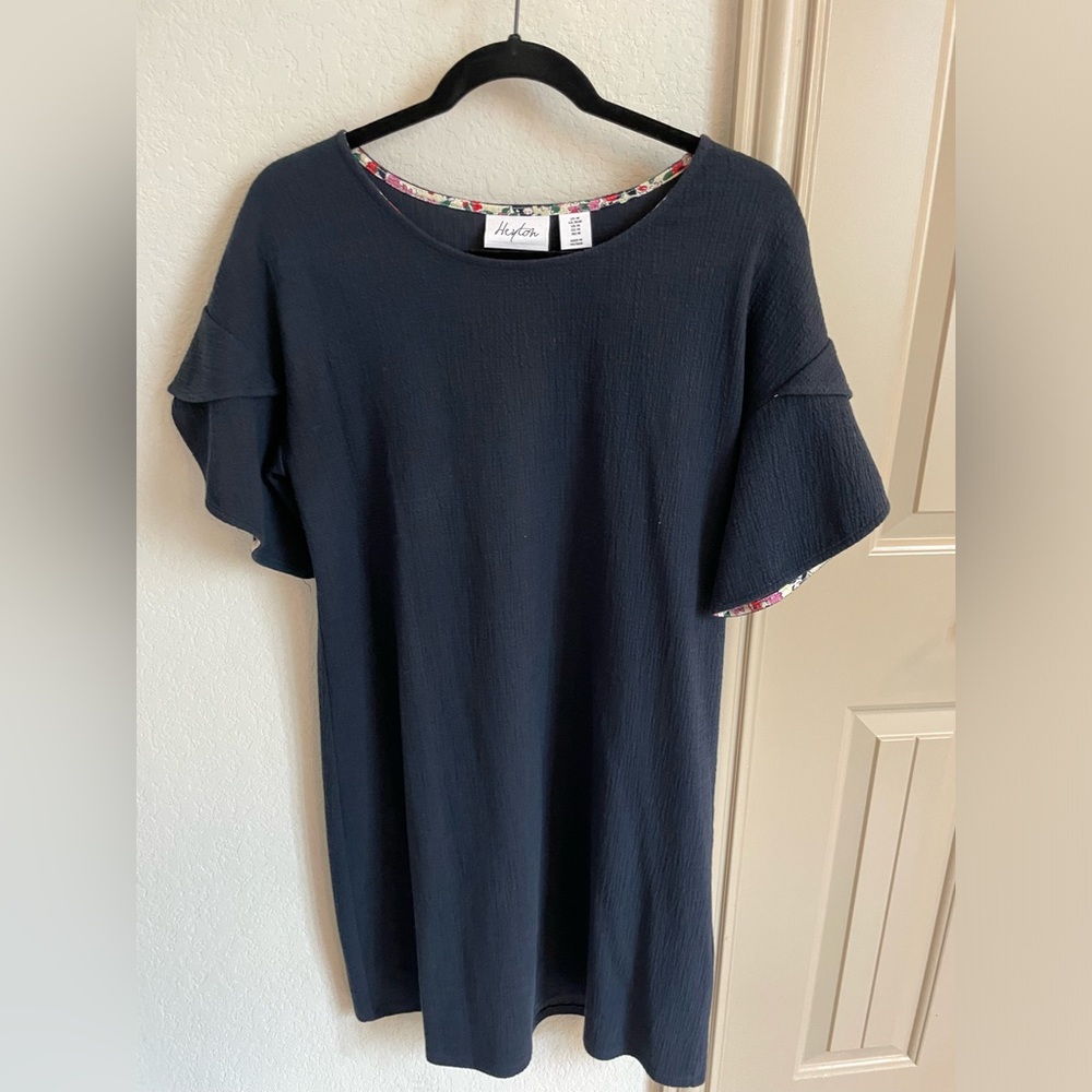 Navy dress with contrast floral trim